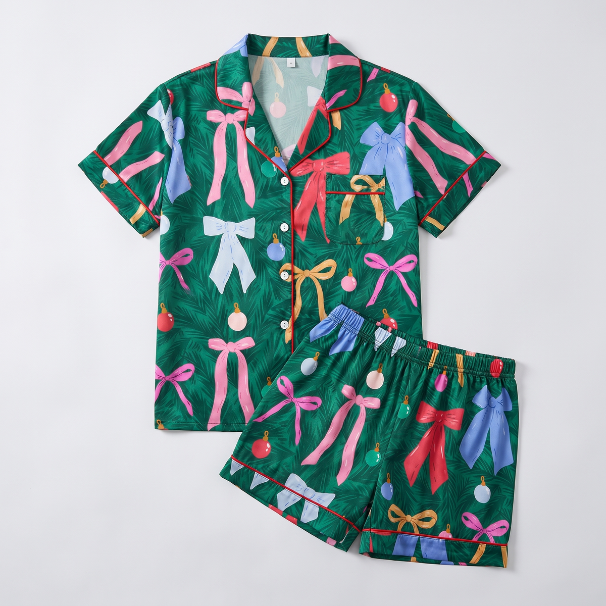 Emerald Ribbons & Ornaments Women's Pajama Set - flat lay