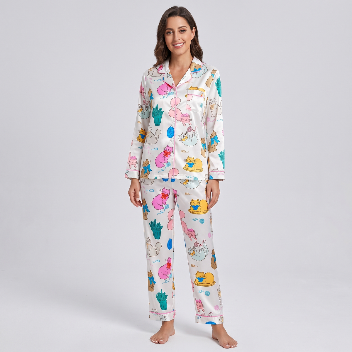Pastel Plant Kitties Women's Pajama Set - long sleeve and pants