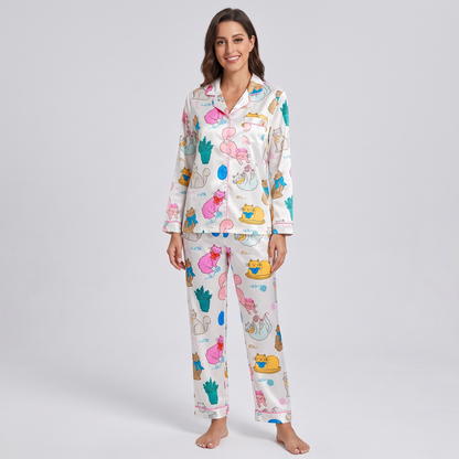 Pastel Plant Kitties Women's Pajama Set - long sleeve and pants