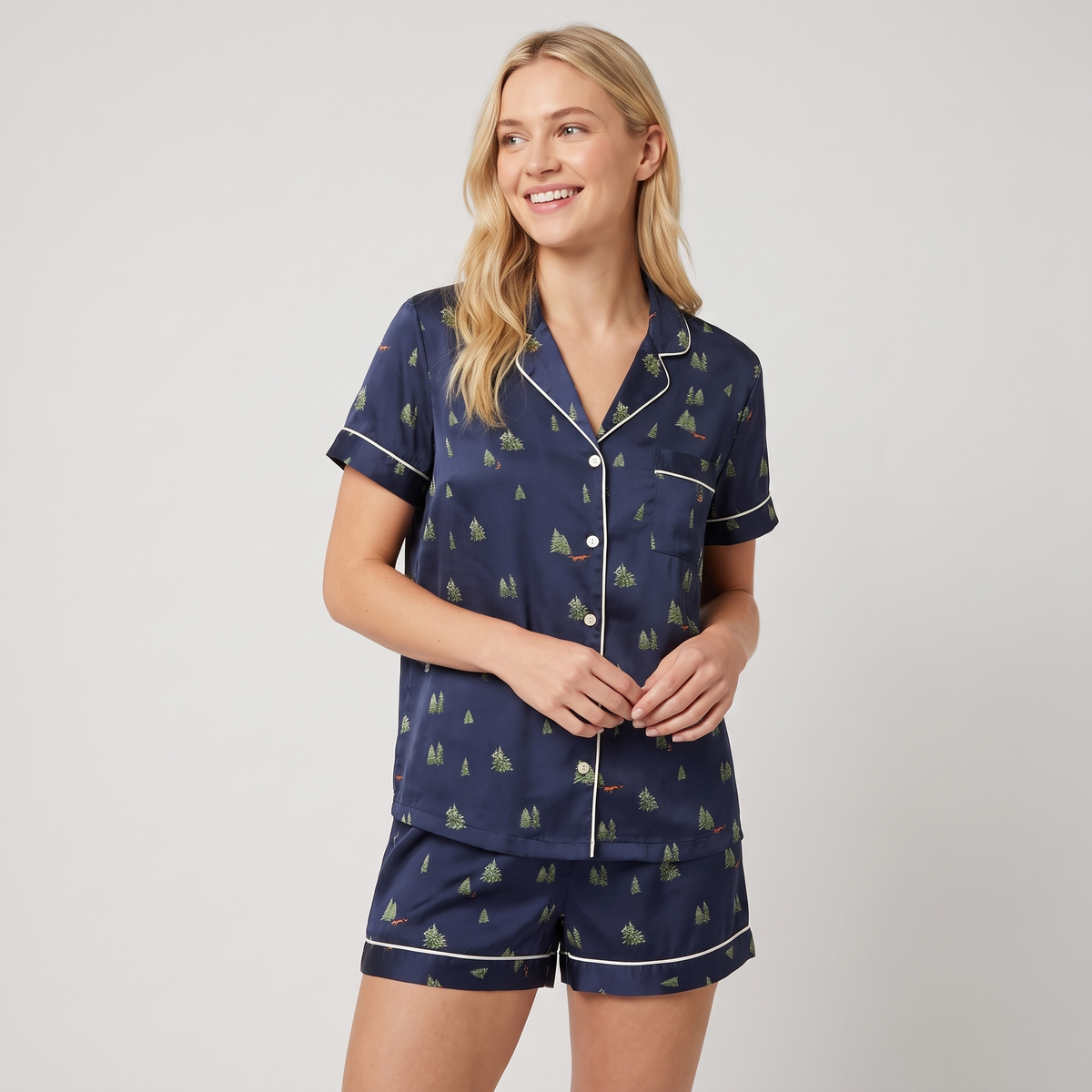Navy & Gold Trees Women's Pajama Set - short sleeve and shorts