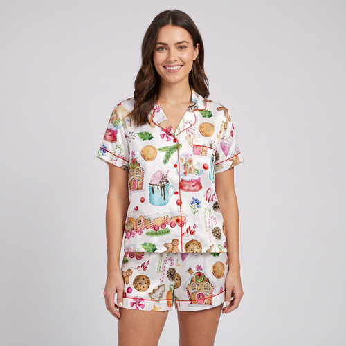 Watercolor Gingerbread Houses Women's Pajama Set - short sleeve and shorts