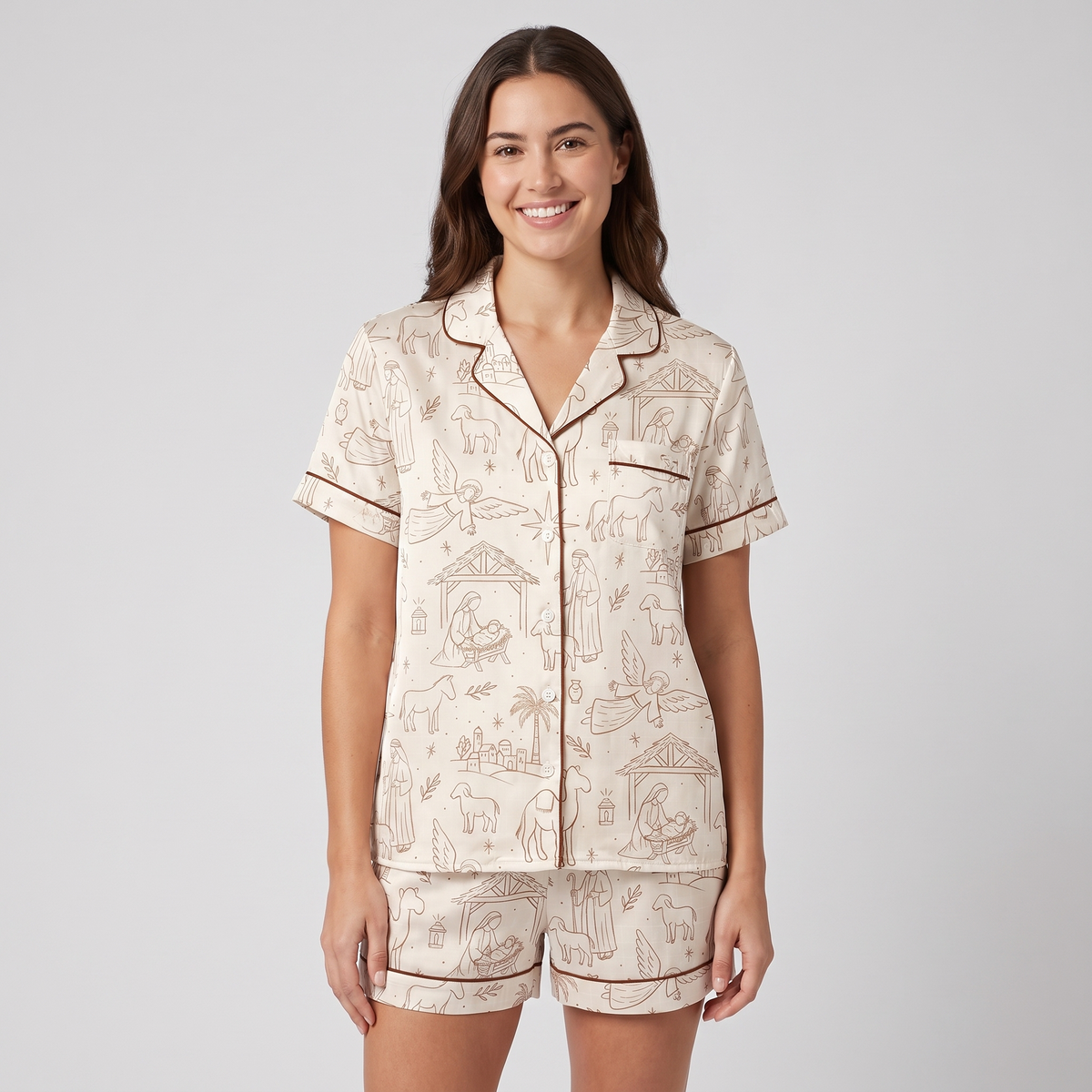 Line Art Nativity Women's Pajama Set - short sleeve and shorts