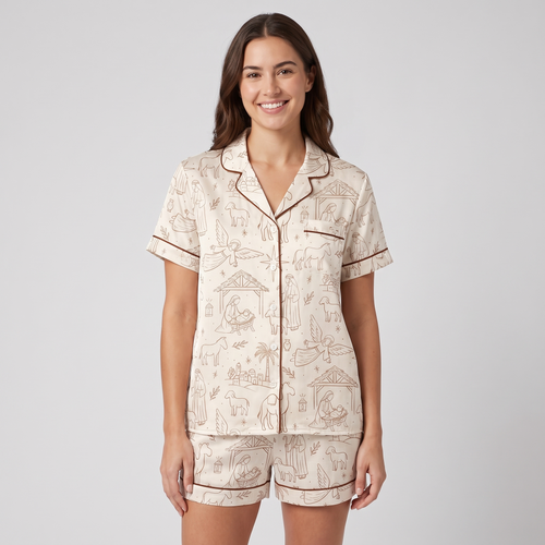 Line Art Nativity Women's Pajama Set - short sleeve and shorts