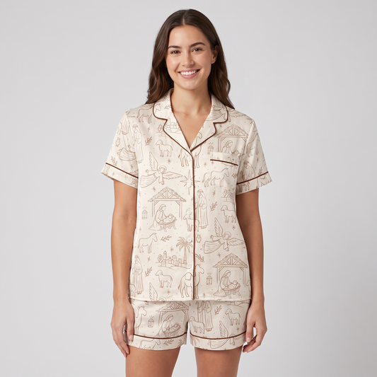 Line Art Nativity Women's Pajama Set - short sleeve and shorts