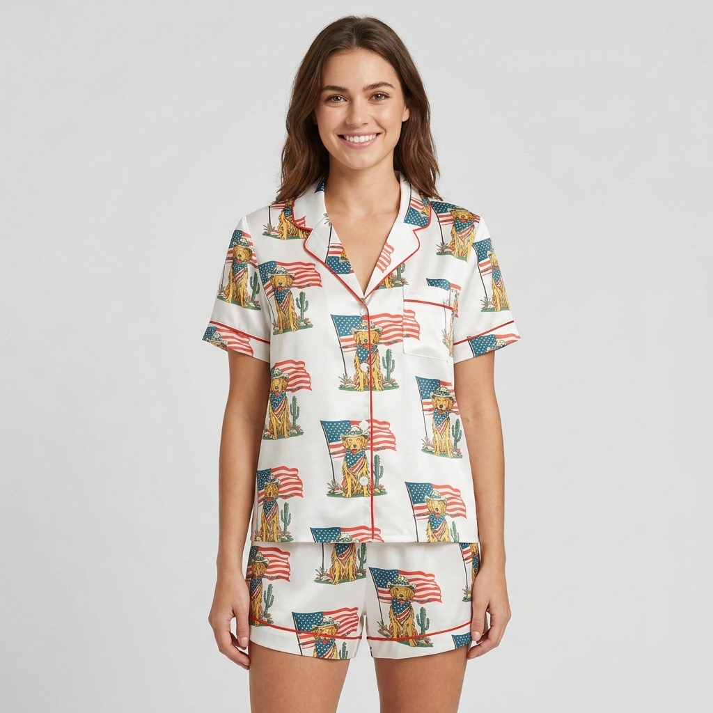 Women's satin pajama set with golden retrievers in cowboy hats and bandanas beside flags and cacti on white - short sleeve and shorts