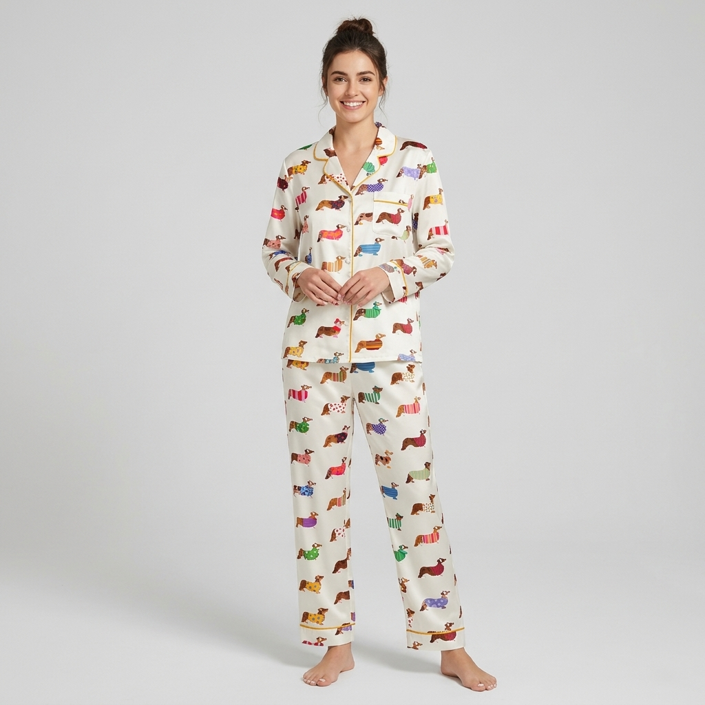 Women's satin pajama set with corgis in polka dot, striped and heart-print sweaters on white - long sleeve and pants