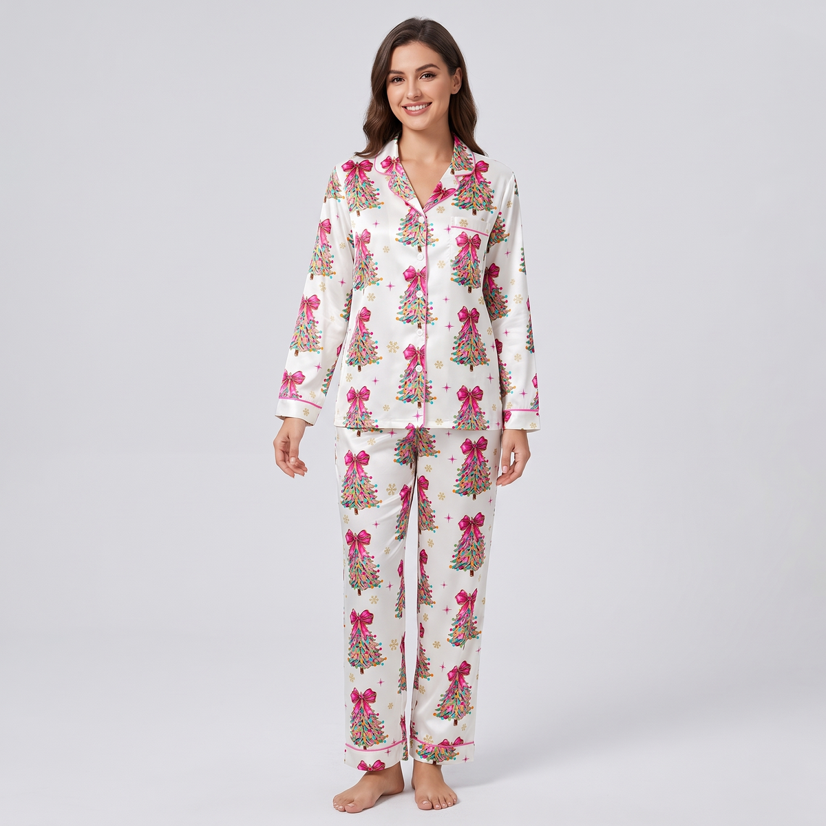 Glitter Bow Trees Women's Pajama Set - long sleeve and pants