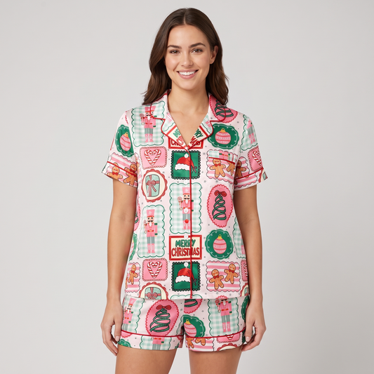 Pink Nutcracker Gingerbread Women's Pajama Set - short sleeve and shorts