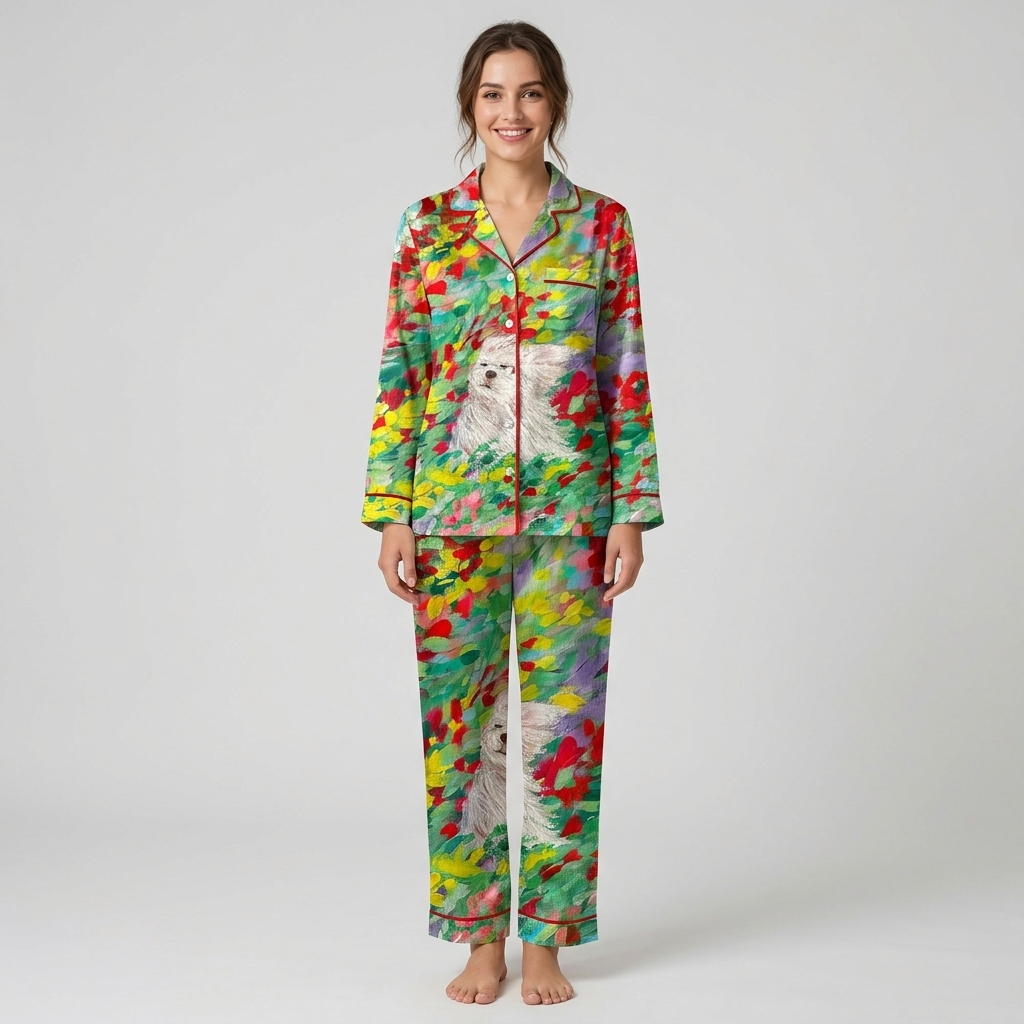Women's satin pajama set with a fluffy white dog among red, yellow and lilac blooms - long sleeve and pants