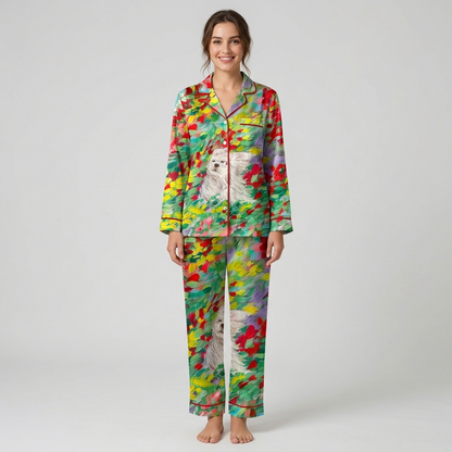 Women's satin pajama set with a fluffy white dog among red, yellow and lilac blooms - long sleeve and pants