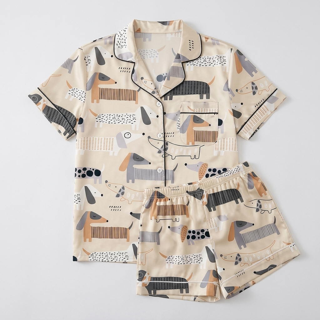 Women's satin pajama set with geometric mid-century dachshunds in charcoal, gray and rust on beige - flat lay