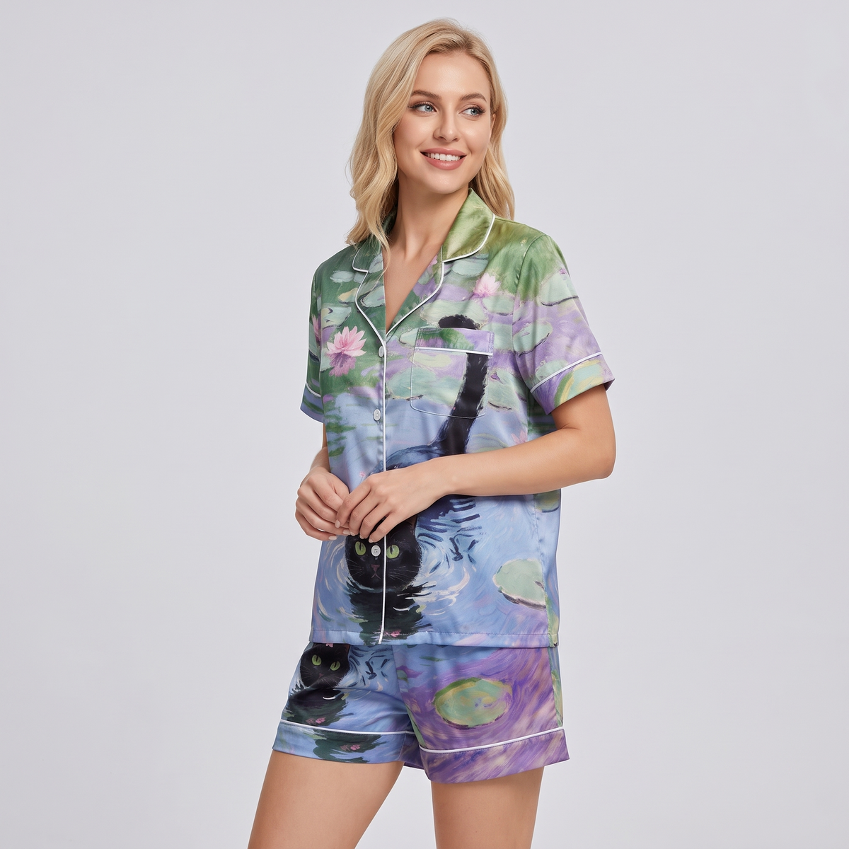 Water Lily Cat Women's Pajama Set - short sleeve and shorts