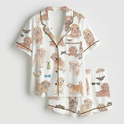 Women's satin pajama set with watercolor goldendoodle puppies in sunglasses and bow ties on white - flat lay