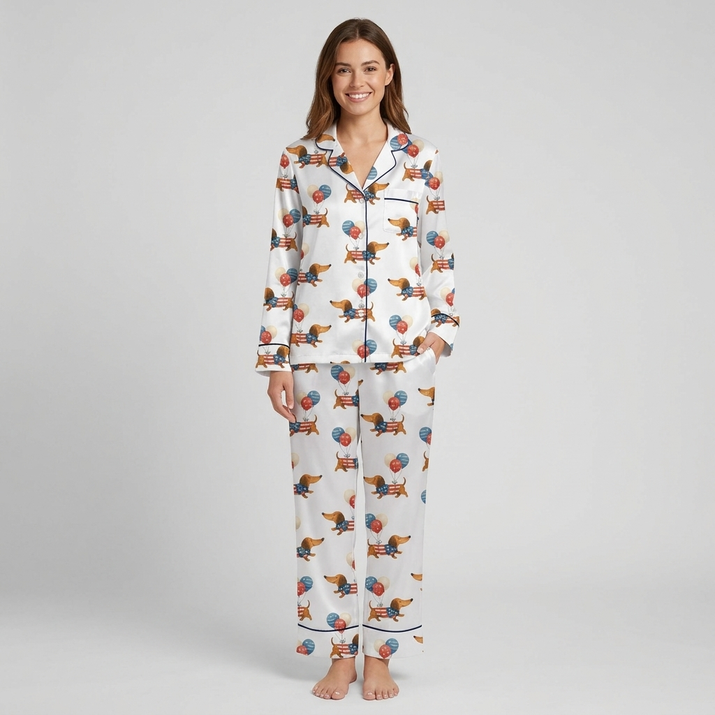 Women's satin pajama set with flag-print dachshunds among red, white and blue balloons on white - long sleeve and pants