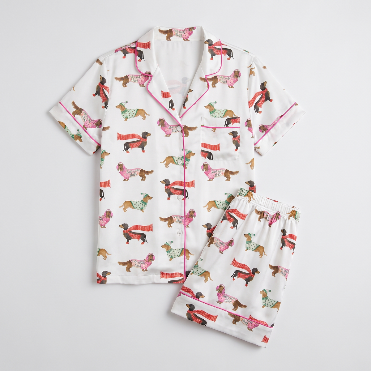 Deck The Halls Weenie Dogs Women's Pajama Set - flat lay