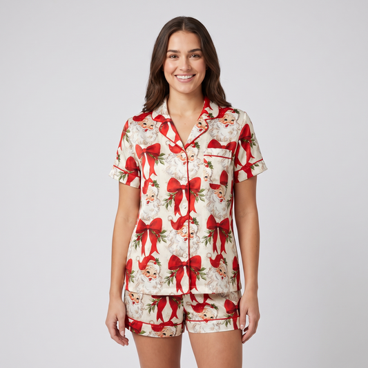 Ecru Santa & Red Bows Women's Pajama Set - short sleeve and shorts
