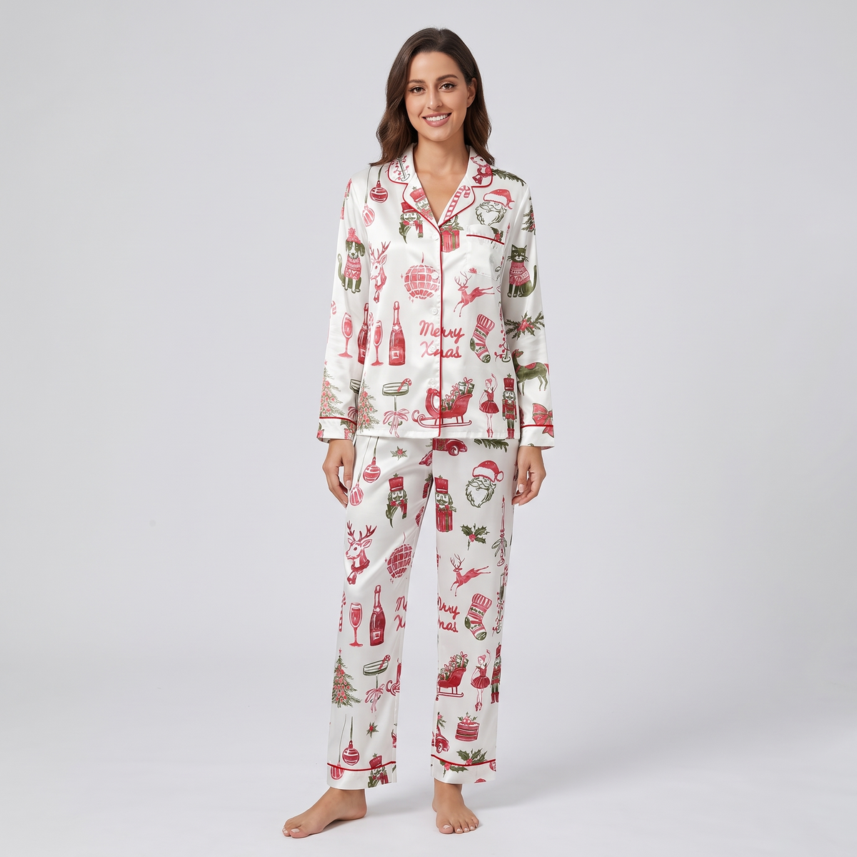 Merry Little Watercolor Women's Pajama Set - long sleeve and pants