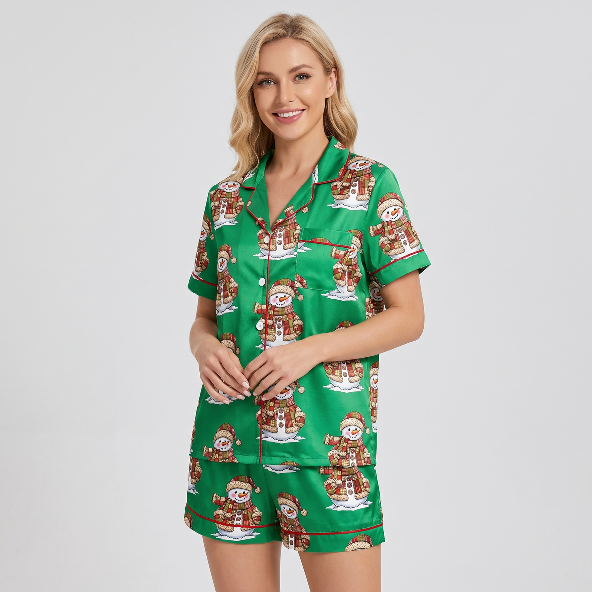 Patchwork Snowmen Women's Pajama Set - short sleeve and shorts