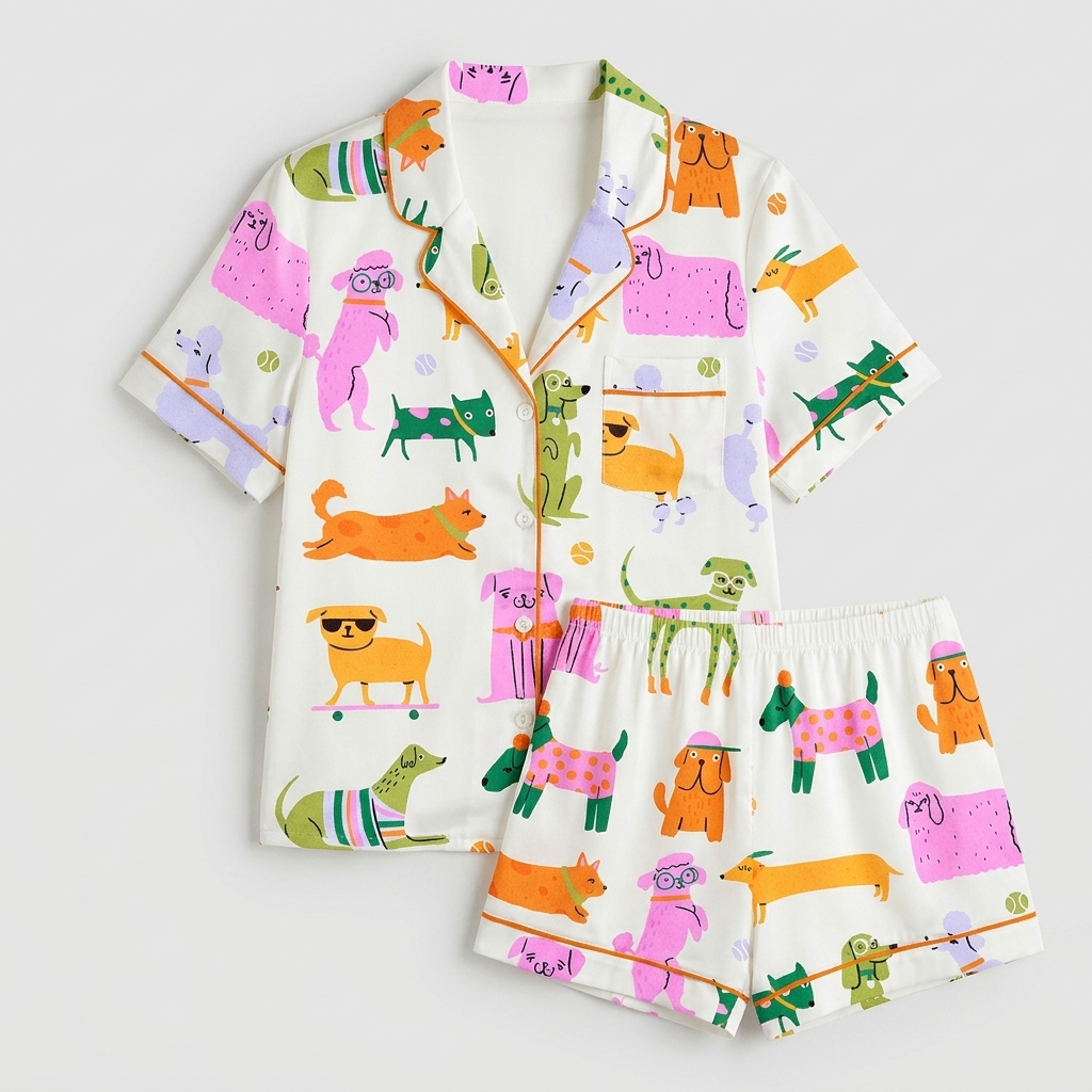 Women's satin pajama set with poodles in glasses and polka-dot dogs in orange, pink, lavender and green - flat lay