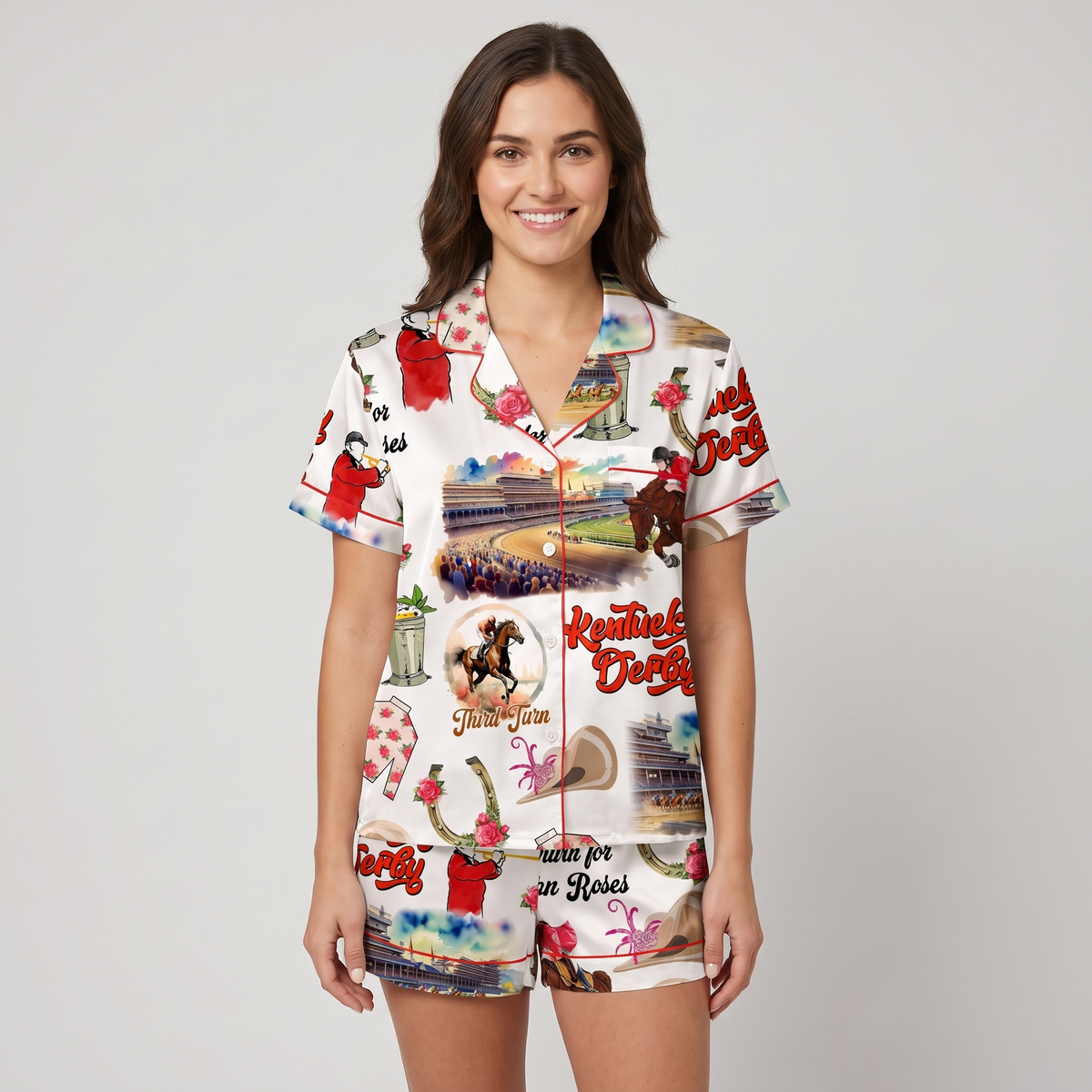 Red Coat Bugler Racetrack Horse Women's Pajama Set - short sleeve and shorts