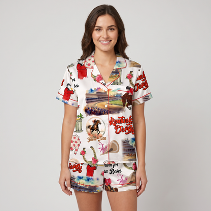 Red Coat Bugler Racetrack Horse Women's Pajama Set - short sleeve and shorts