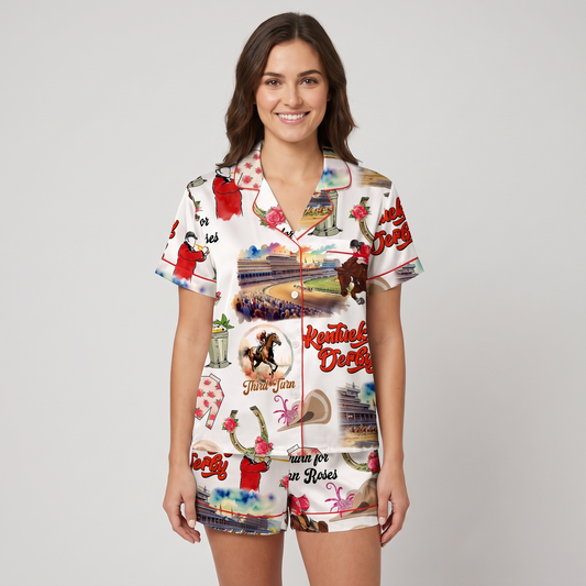 Red Coat Bugler Racetrack Horse Women's Pajama Set - short sleeve and shorts