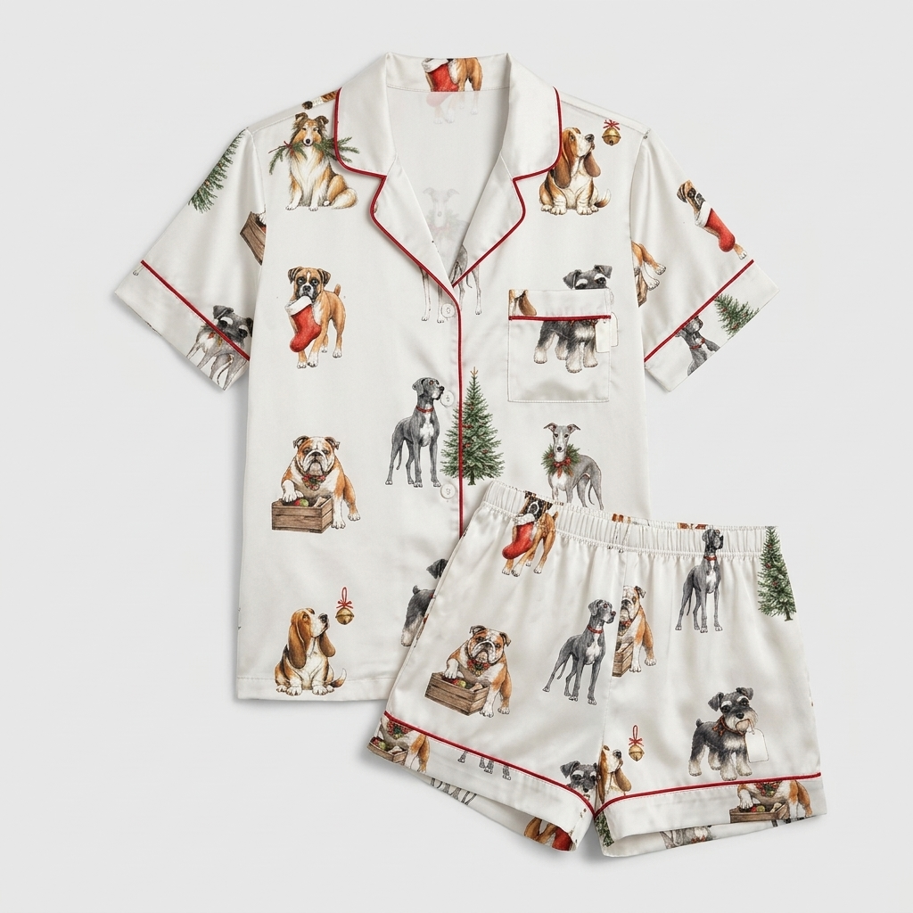 Women's satin pajama set with schnauzers, bulldogs and spaniels by evergreen trees, stockings and gift crates - flat lay