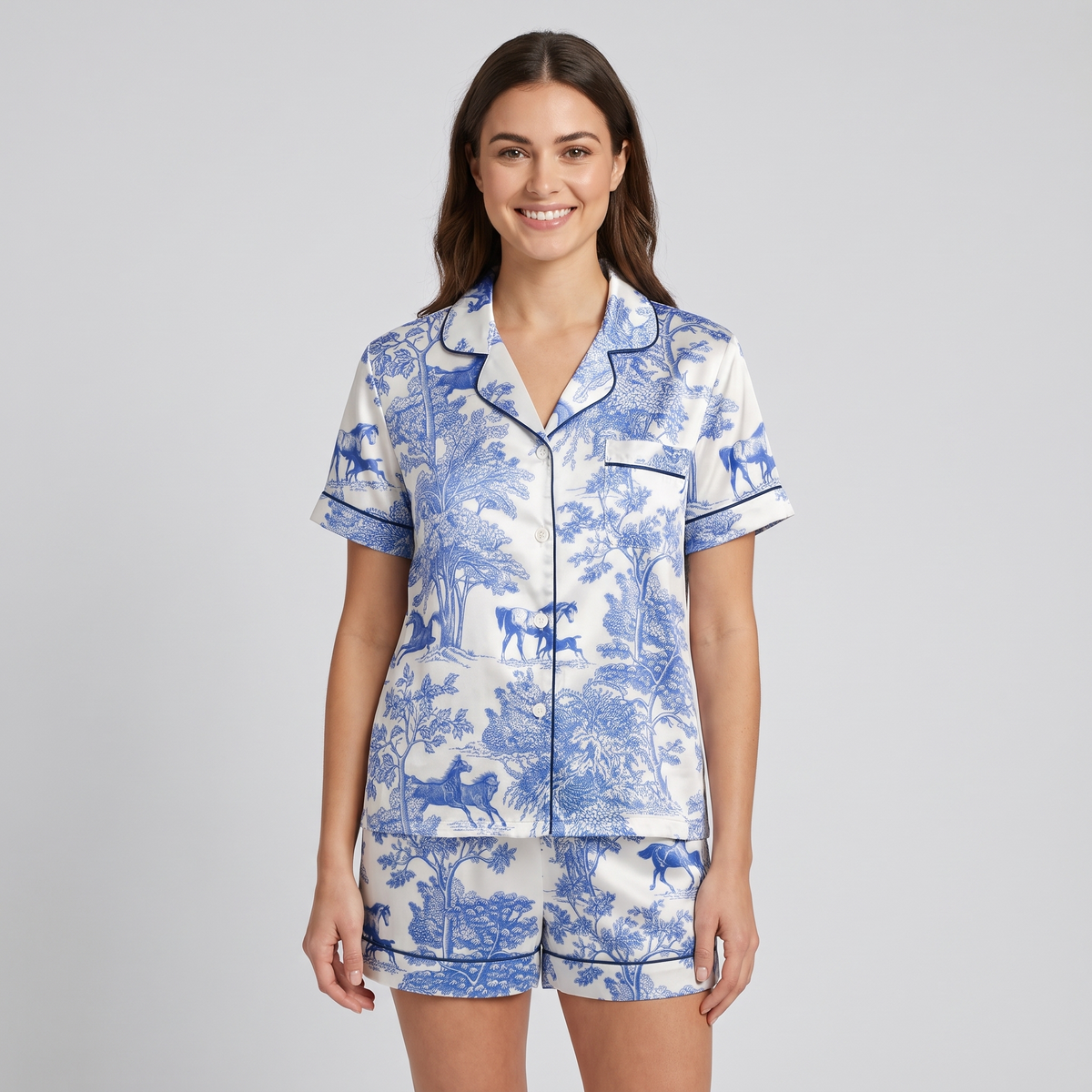 Blue Toile Pasture Horses Women's Pajama Set - short sleeve and shorts