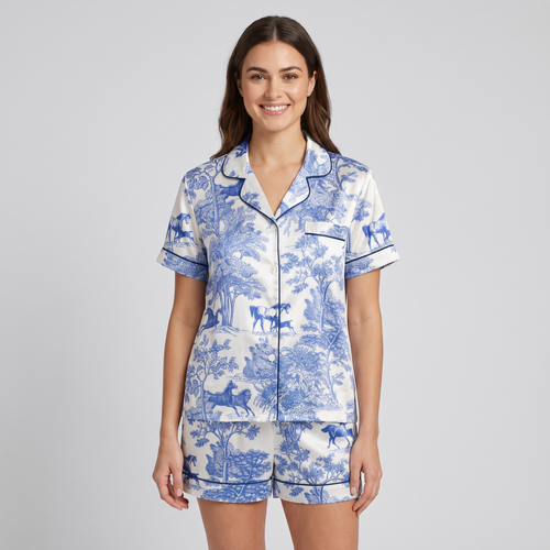 Blue Toile Pasture Horses Women's Pajama Set - short sleeve and shorts