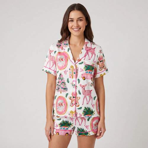 Pink Santa Road Trip Women's Pajama Set - short sleeve and shorts