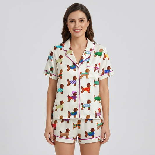 Women's satin pajama set with brown poodles in polka dot, striped and checked sweaters on white - short sleeve and shorts