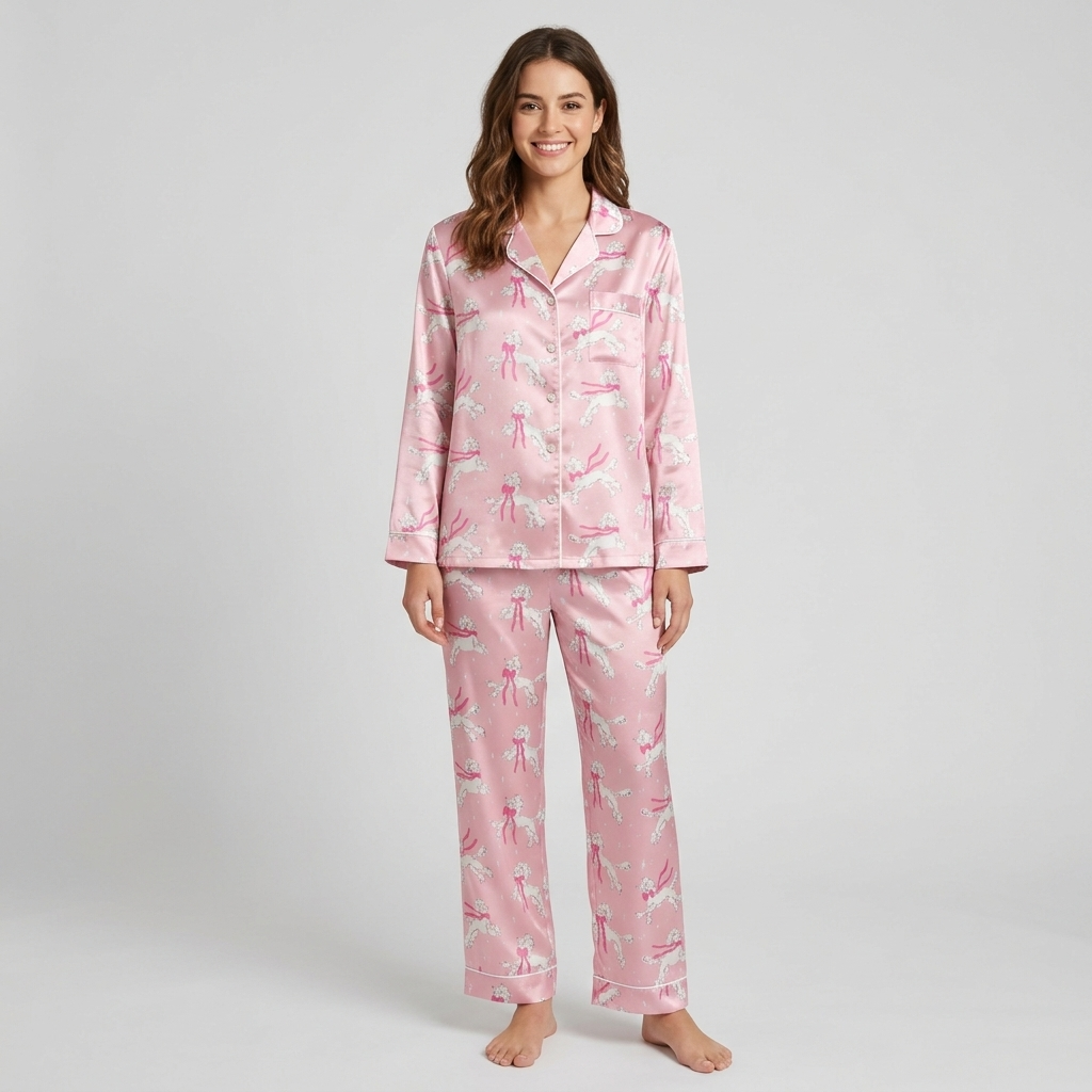 Women's satin pajama set with white poodles trailing hot pink ribbons on soft pink - long sleeve and pants