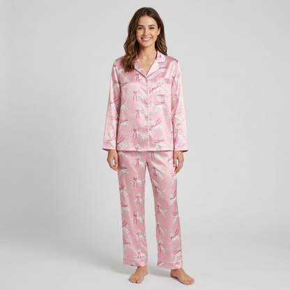 Women's satin pajama set with white poodles trailing hot pink ribbons on soft pink - long sleeve and pants
