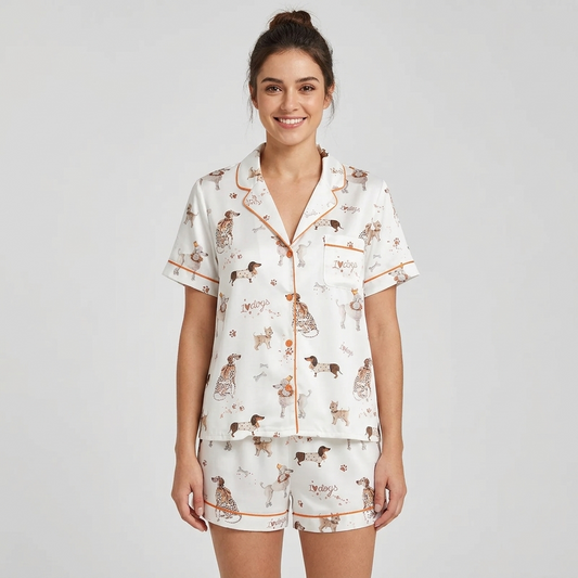 Women's satin pajama set with sketched dachshunds, terriers and spotted pups with bones and paw prints on white - short sleeve and shorts