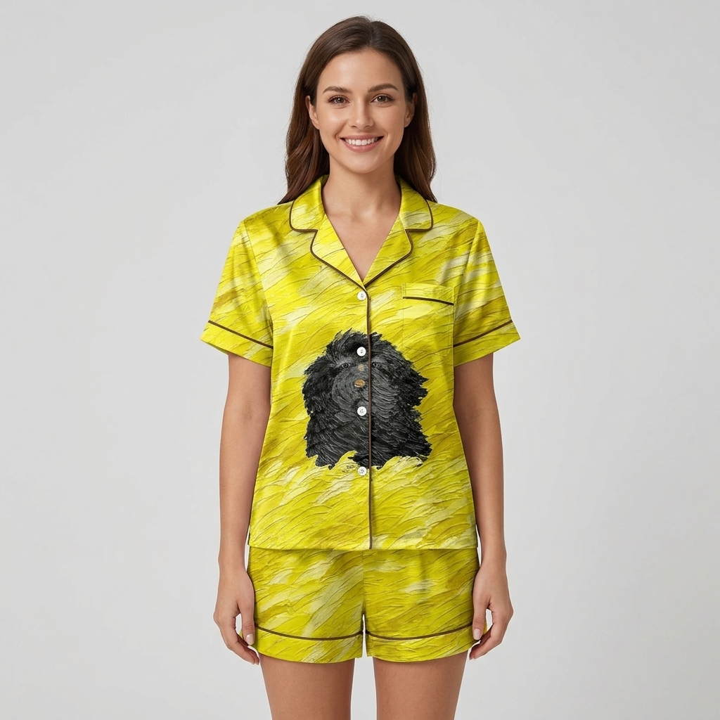 Women's satin pajama set with one shaggy black dog on a yellow painted field - short sleeve and shorts