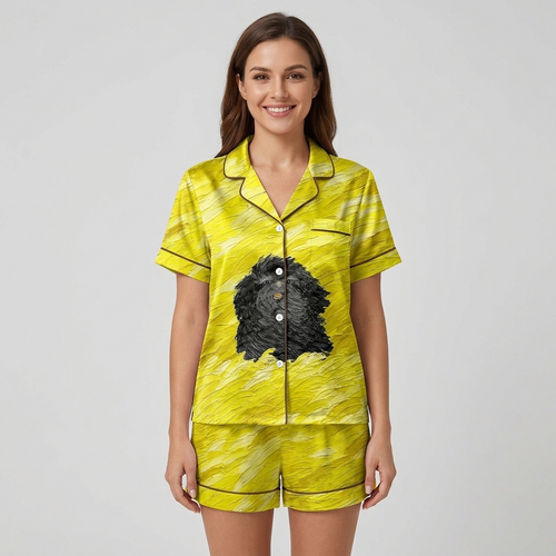 Women's satin pajama set with one shaggy black dog on a yellow painted field - short sleeve and shorts