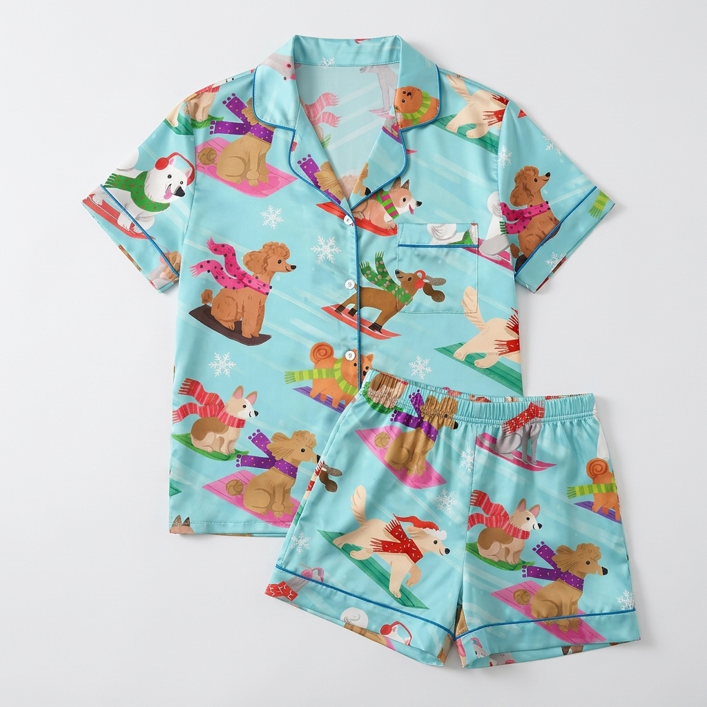 Women's satin pajama set with poodles, retrievers and spaniels sledding in Santa hats on aqua slopes - flat lay