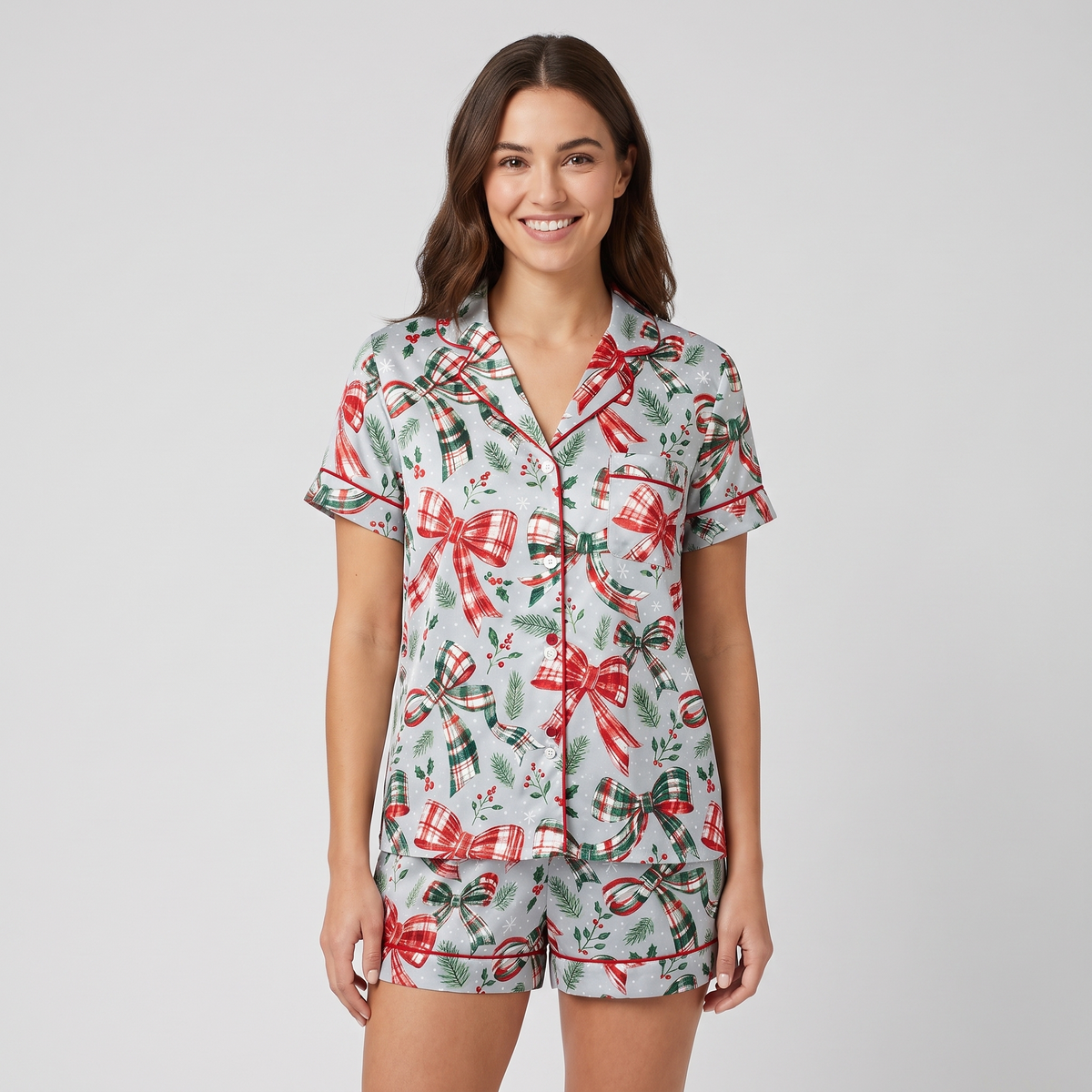 Plaid Ribbon Bows Women's Pajama Set - short sleeve and shorts