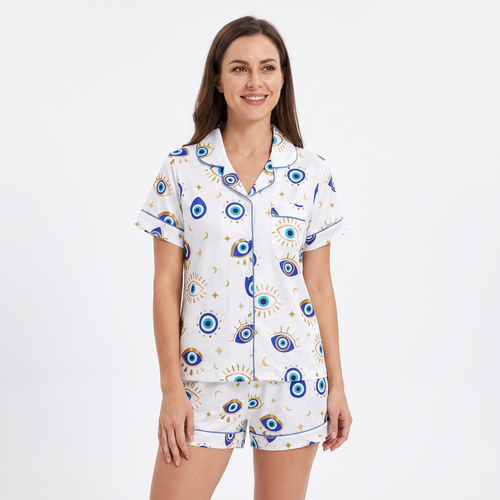 Lucky Evil Eye Women's Pajama Set - White - short sleeve and shorts