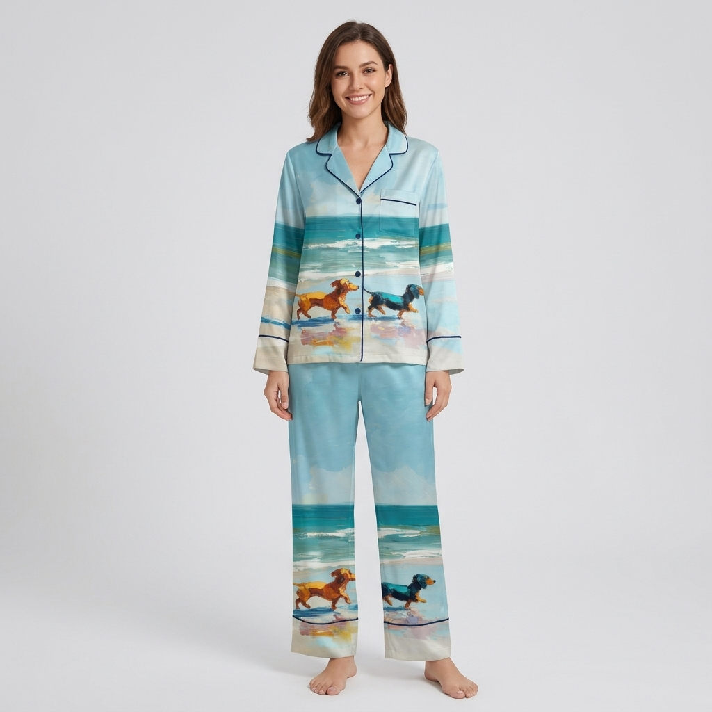 Women's satin pajama set in sky blue with a red and a black dachshund racing along an oil-painted shoreline - long sleeve and pants