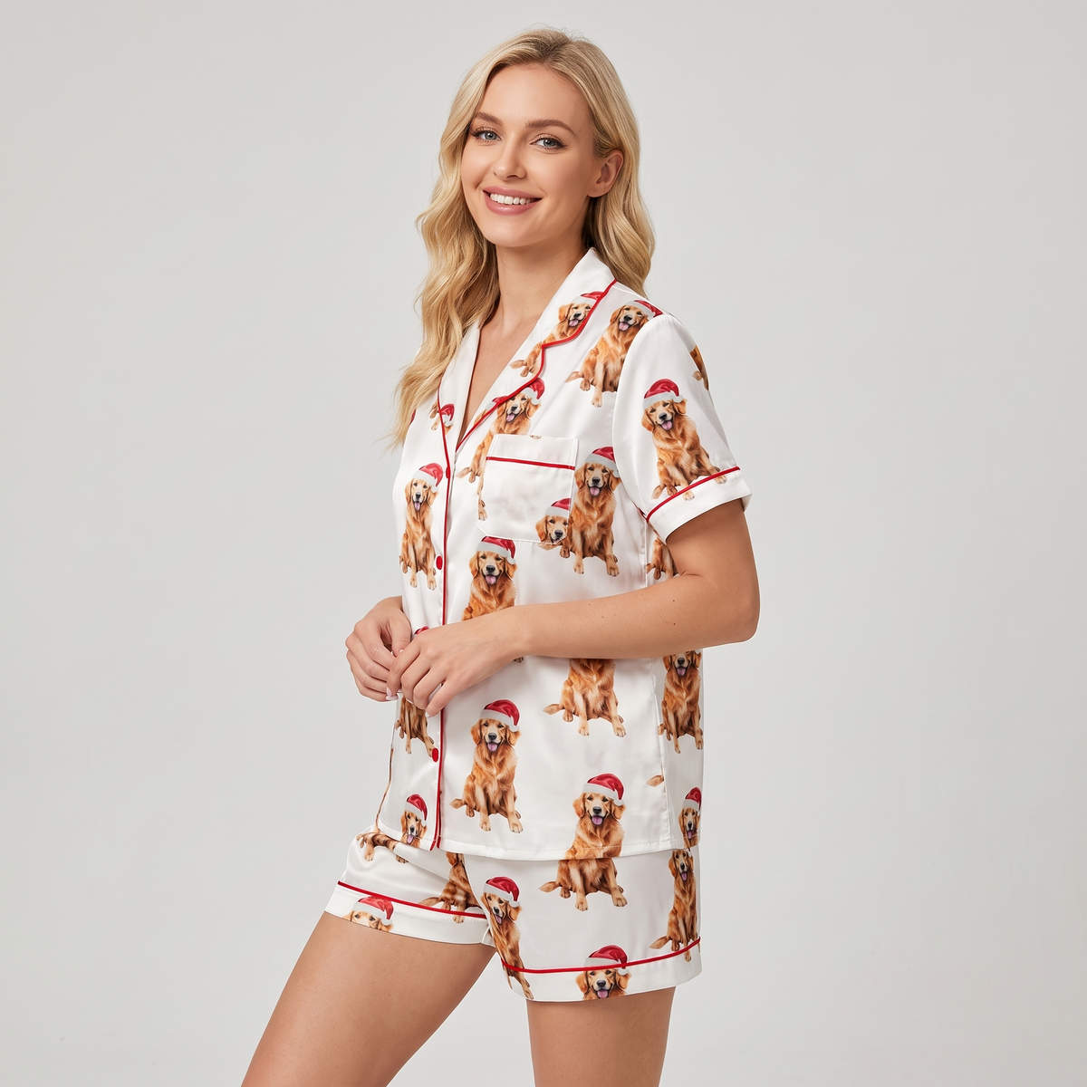 Santa Hat Retrievers Women's Pajama Set - short sleeve and shorts