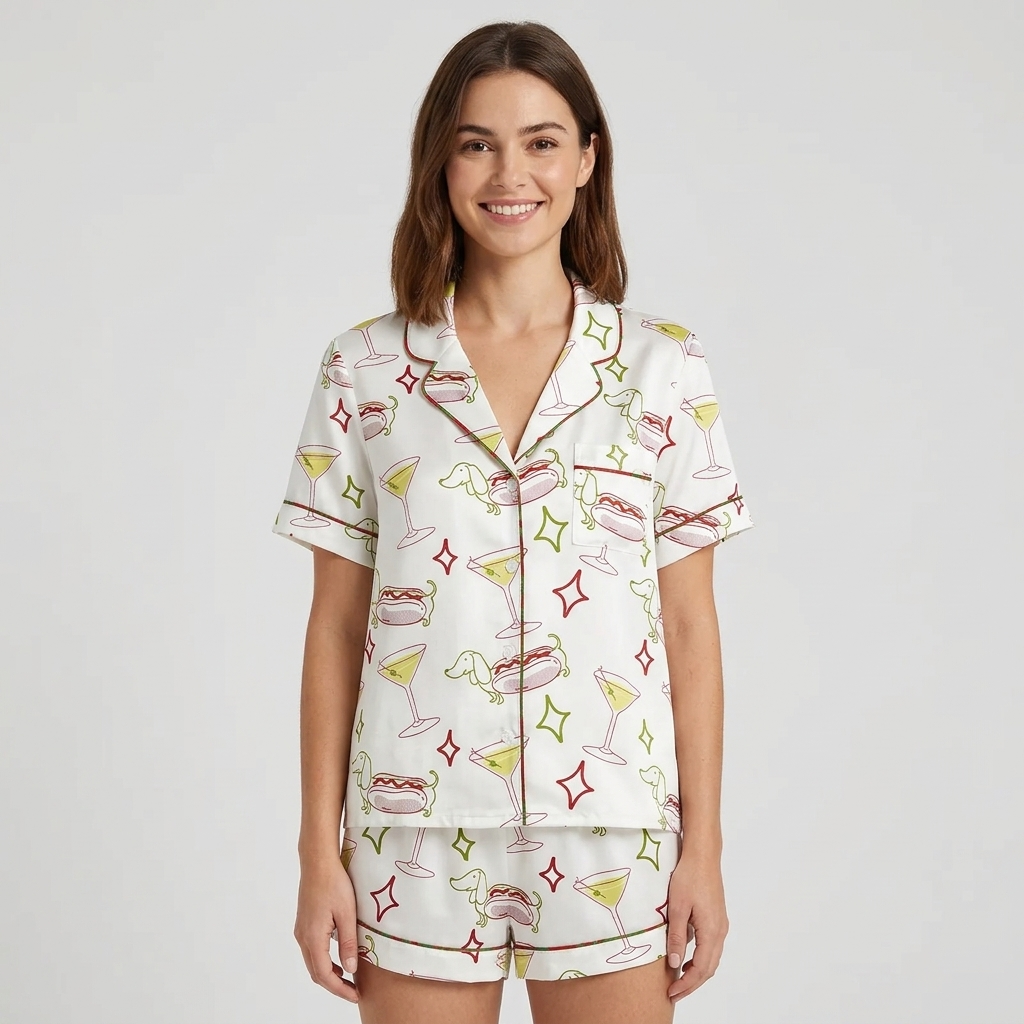 Women's satin pajama set with sketchy dachshunds, loaded hot dogs and olive martinis on white - short sleeve and shorts