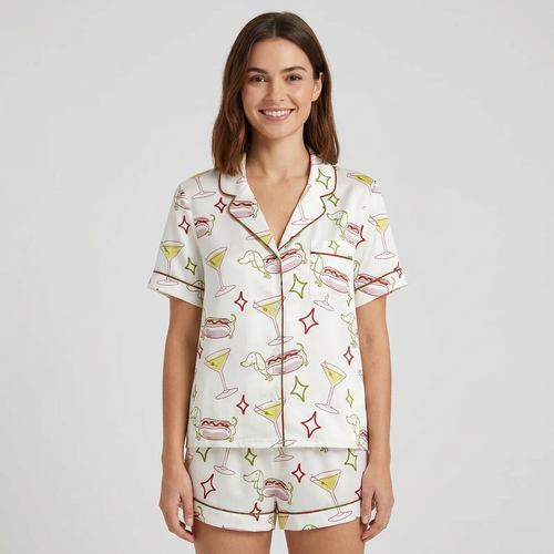 Women's satin pajama set with sketchy dachshunds, loaded hot dogs and olive martinis on white - short sleeve and shorts