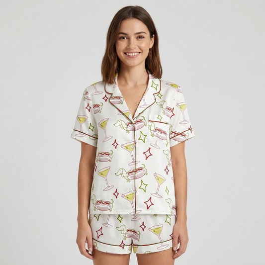 Women's satin pajama set with sketchy dachshunds, loaded hot dogs and olive martinis on white - short sleeve and shorts