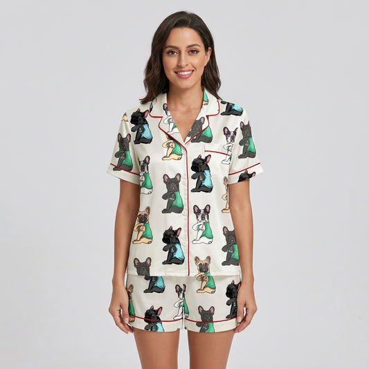 Women's satin pajama set with black, fawn and white French bulldogs in bright tees on white - short sleeve and shorts