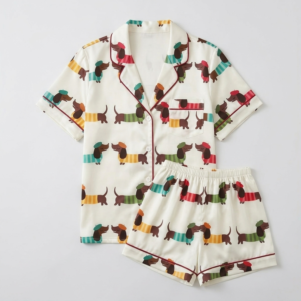 Women's satin pajama set with dachshunds in mustard, teal, green and red striped sweaters on white - flat lay
