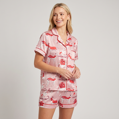 Pink Puppy Christmas Women's Pajama Set - short sleeve and shorts