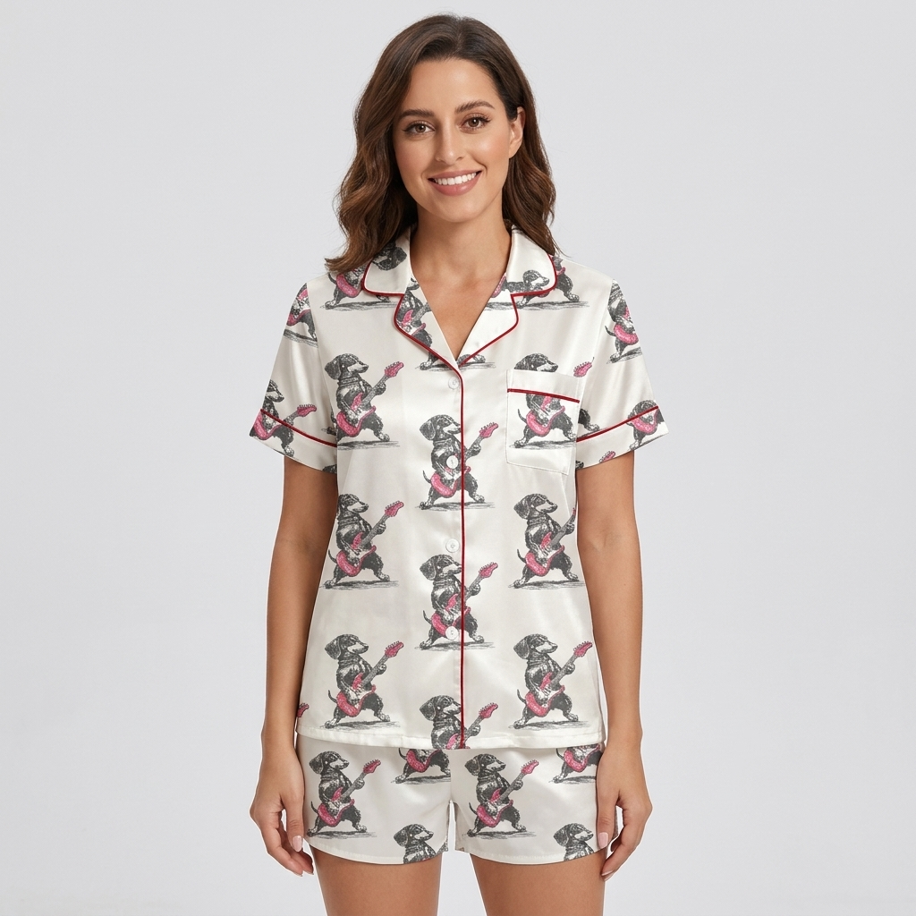 Women's satin pajama set with a black dachshund playing electric guitar on white with red piping - short sleeve and shorts
