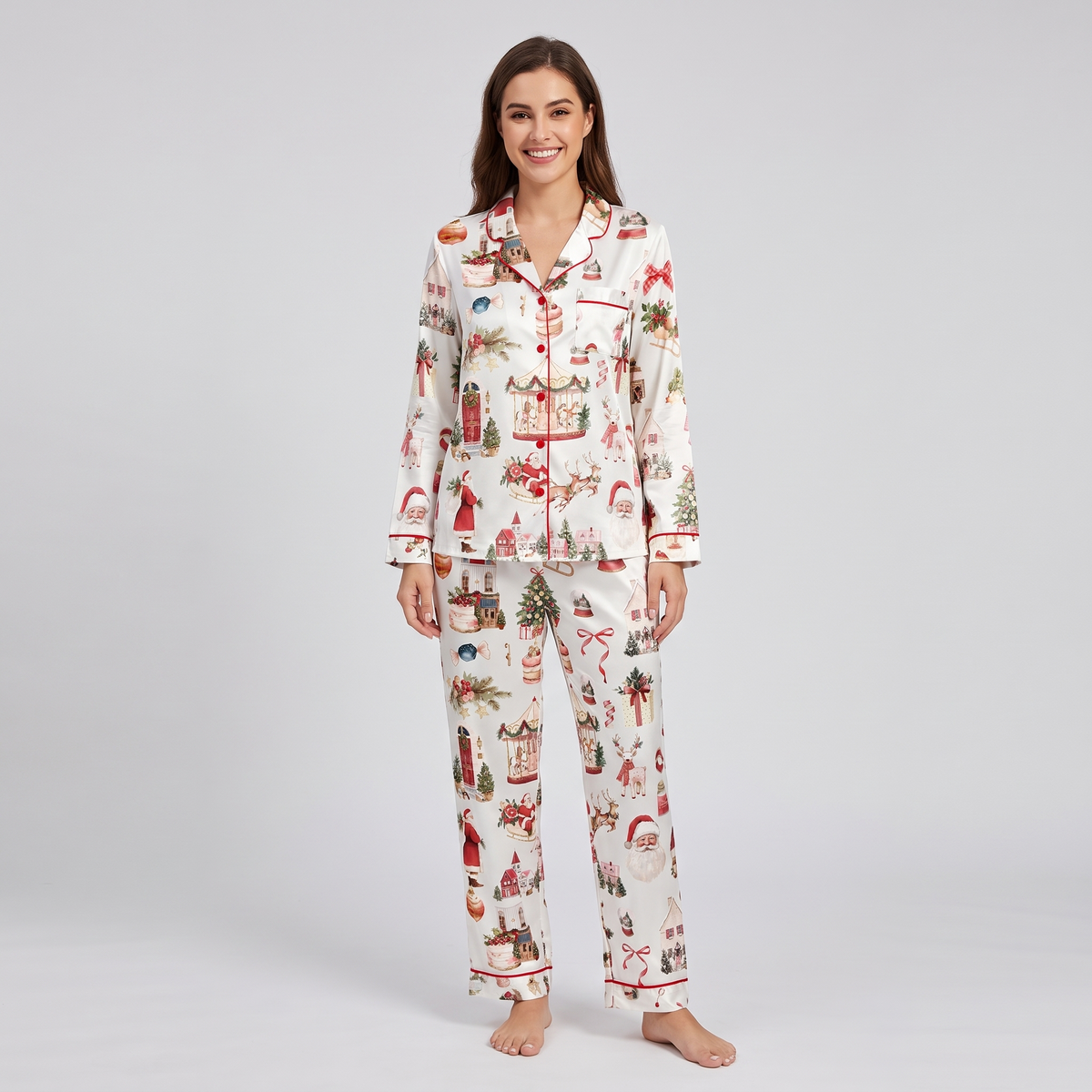 Preppy Santa Watercolor Women's Pajama Set - long sleeve and pants