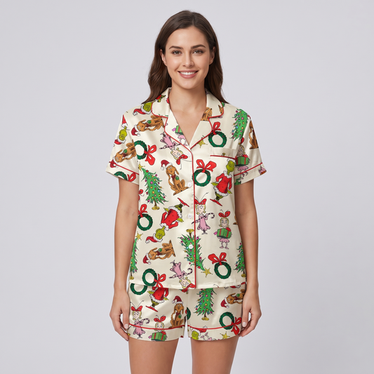 Mean Green Doodles Inspired Women's Pajama Set - short sleeve and shorts